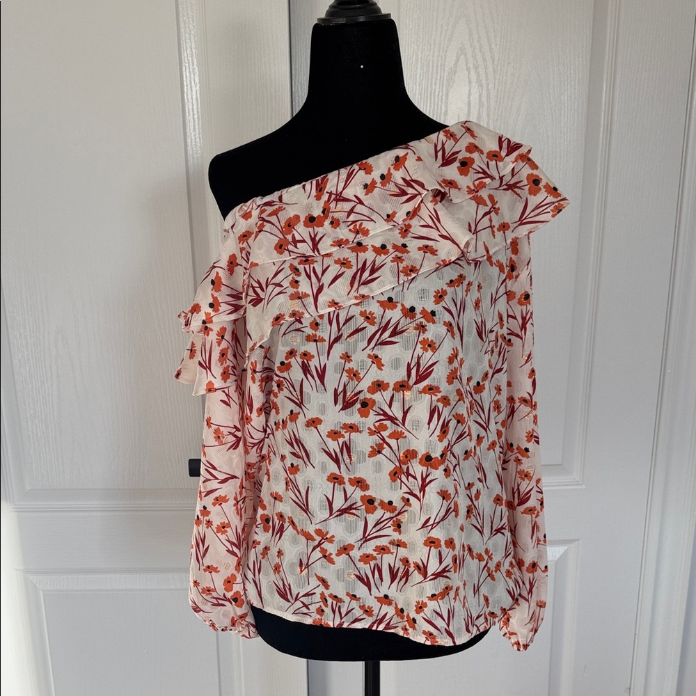 Maje White and Red Floral Asymmetrical Blouse